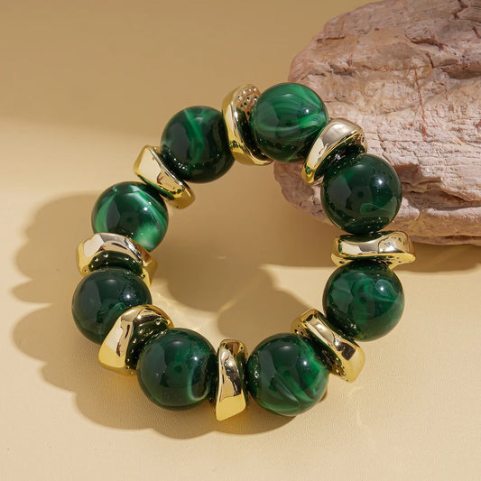 Luckacco 7 Styles Trendy Splicing Acrylic Round Beads Bracelets Bohemian Thick Irregular Resin Elastic Bangles Retro Jewelry for Women F