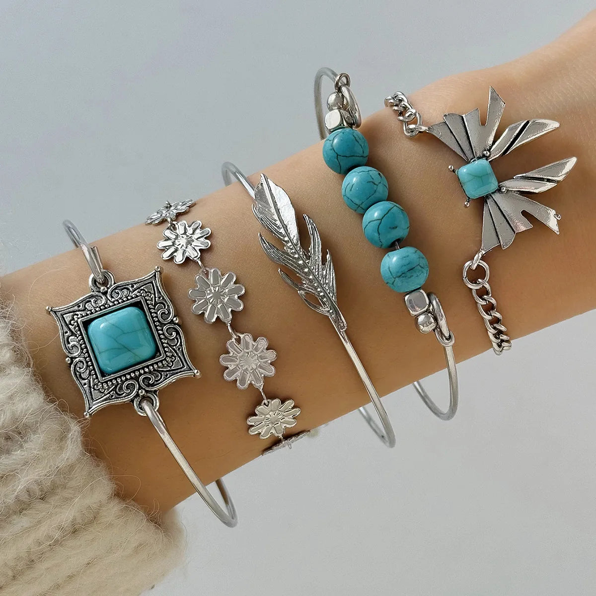 luckacco kmvexo 5pcs/set vintage bohemian turquoise inlaid bracelets women ethnic style flower feather cuff bracelet bangles boho jewelry
