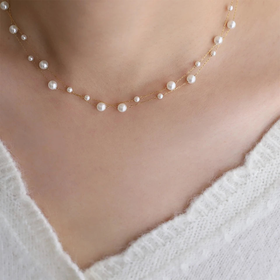 luckacco picks stainless steel temperament pearl chain choker necklace for women waterproof collar jewelry bijoux gift