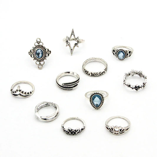 Luckacco 11pcs/set Bohemia Vintage Silver Gothic Aesthatic Vintage Carved Feathers Flowers Leaves Butterfly Ring set for women