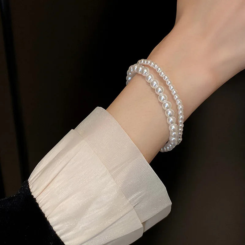 luckacco 4mm-10mm french retro simple white pearl elastic bracelet women's hand bracelets birthday party gift fashion jewelry