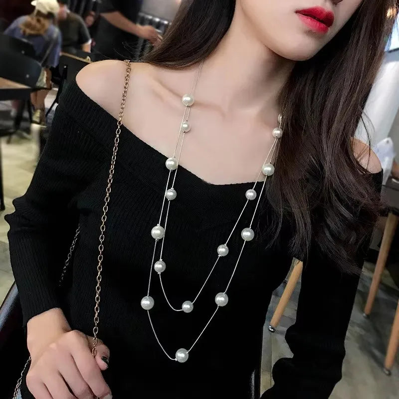 luckacco classic simple long pearl spiral adjustable pendant necklace for women charm zircon sweater chain exquisite jewelry accessories