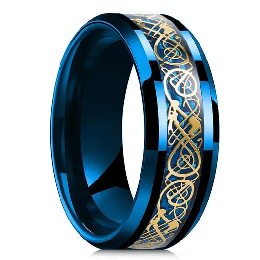 Luckacco Fashion 8mm Black Tungsten Wedding Celtic Dragon Rings Inlaid Blue Zircon Stainless Steel Rings for Men Blue Carbon Fibre Ring