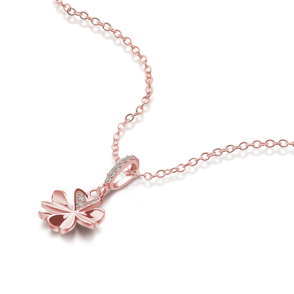 luckacco vintage elegant flower & four-leaf clover pendant necklace for women shiny zircon 925 sterling silver clavicle chain jewelry