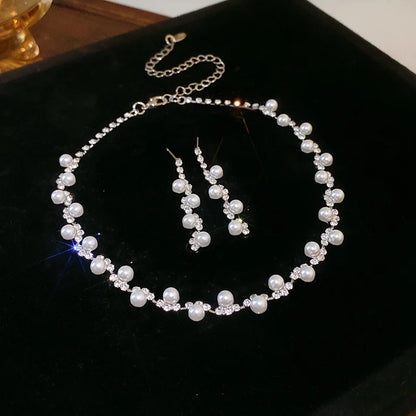 Luckacco 3 Pcs Rhinestone Pearl Rectangular Earrings Necklace Set Two-piece Vintage Choker Accessory Light Luxury Jewelry Sets Wedding