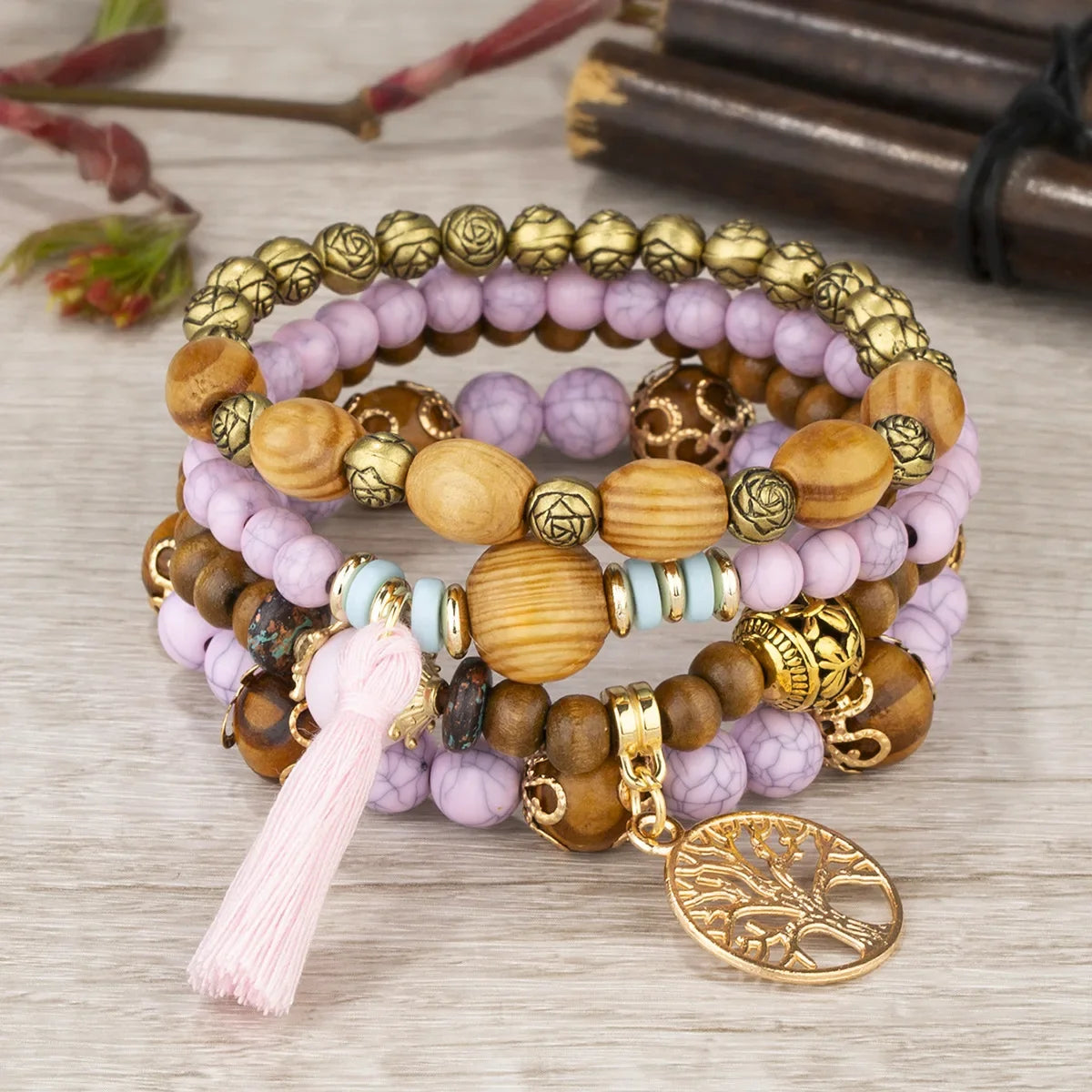 luckacco boho tree of life bracelet set for women fashion tassels charm wooden beads elastic chain bangle girl trendy party jewelry