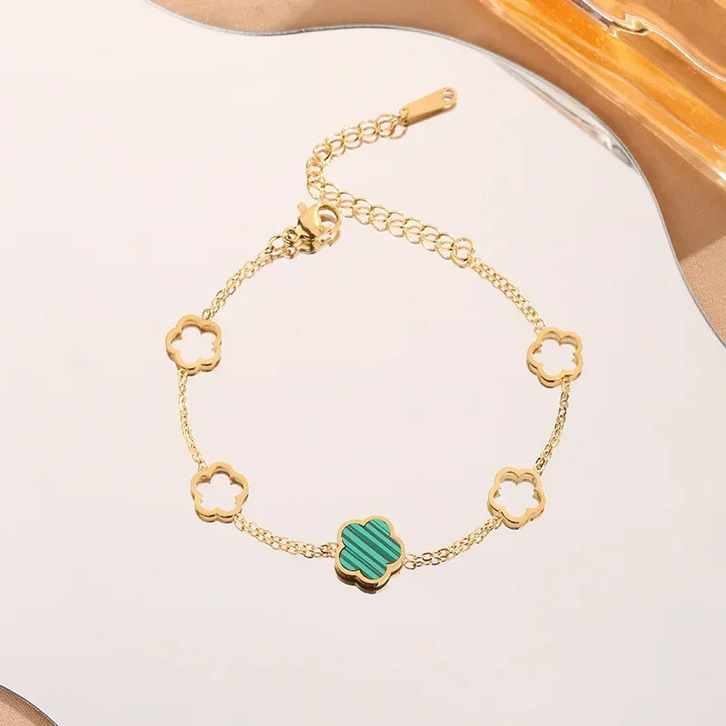 luckacco lucky cute colorful five-leaved flower stainless steel bracelets for women fashion light luxury paty jewelry gifts