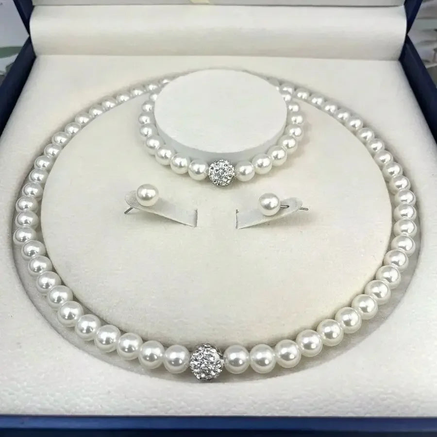 luckacco 3 pcs set imitation pearl fireball necklace bracelet earring stud jewelry set silver color crystal stone elegant bridal jewelry