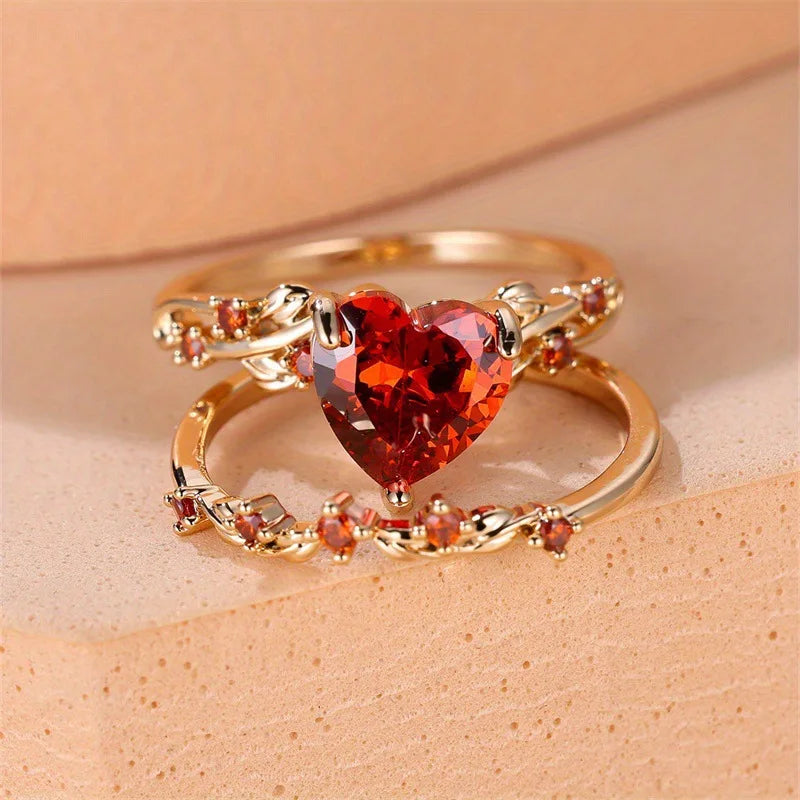 luckacco royal blue green black red stone heart ring sets for women rose gold color white zircon bridal wedding bands mothers day jewelry