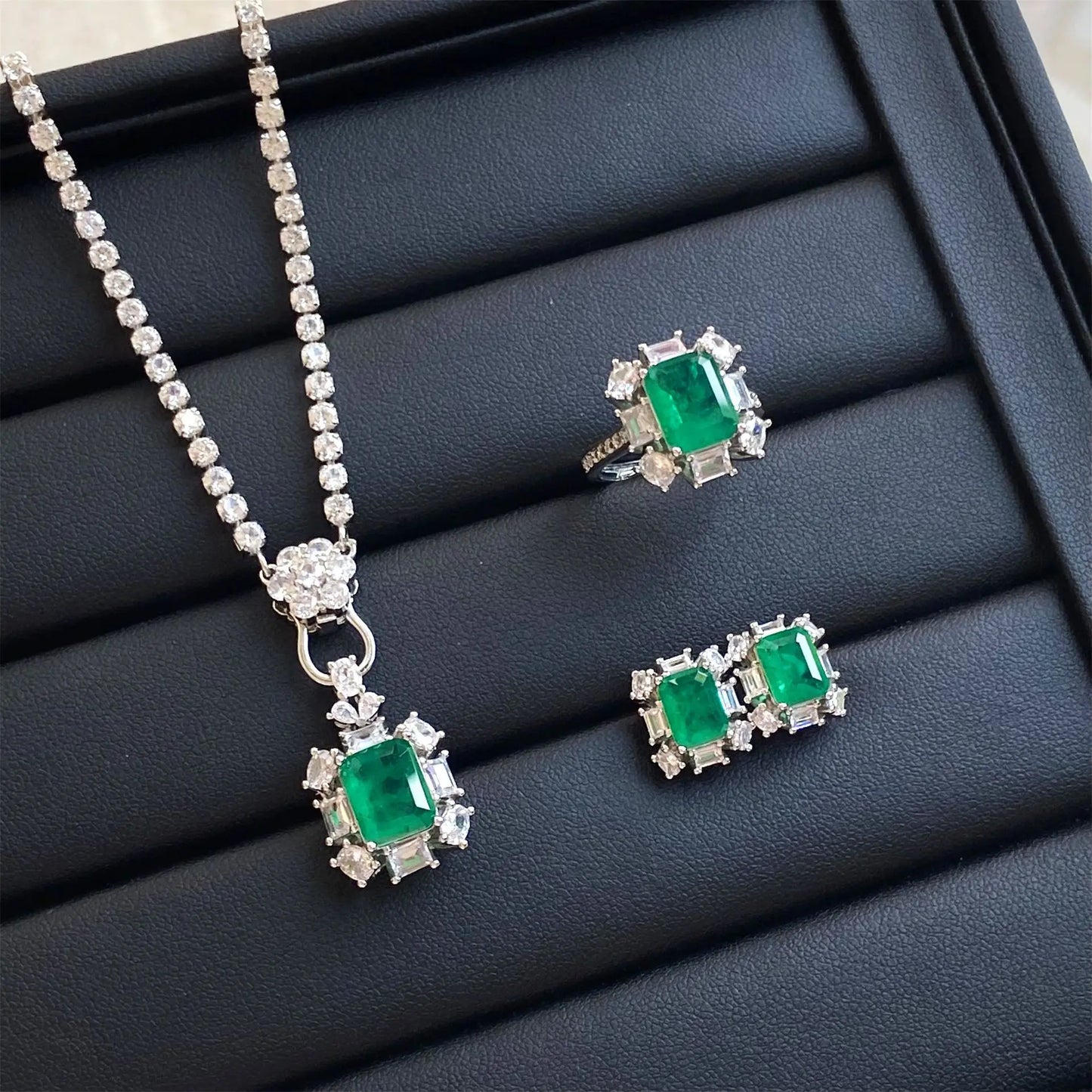 luckacco valuable lab jade diamond jewelry set 925 sterling silver engagement wedding rings earrings necklace for women bridal party gift