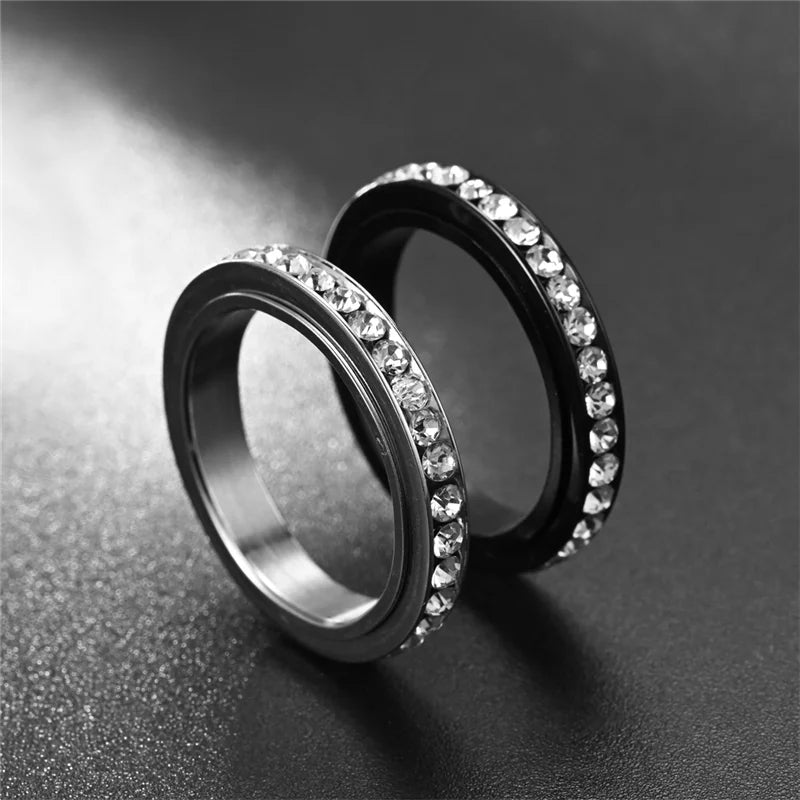 luckacco stainless steel cubic zirconia rotatable chain couple rings anti stress anxiety fidget spinner ring wedding band knuckle jewelry