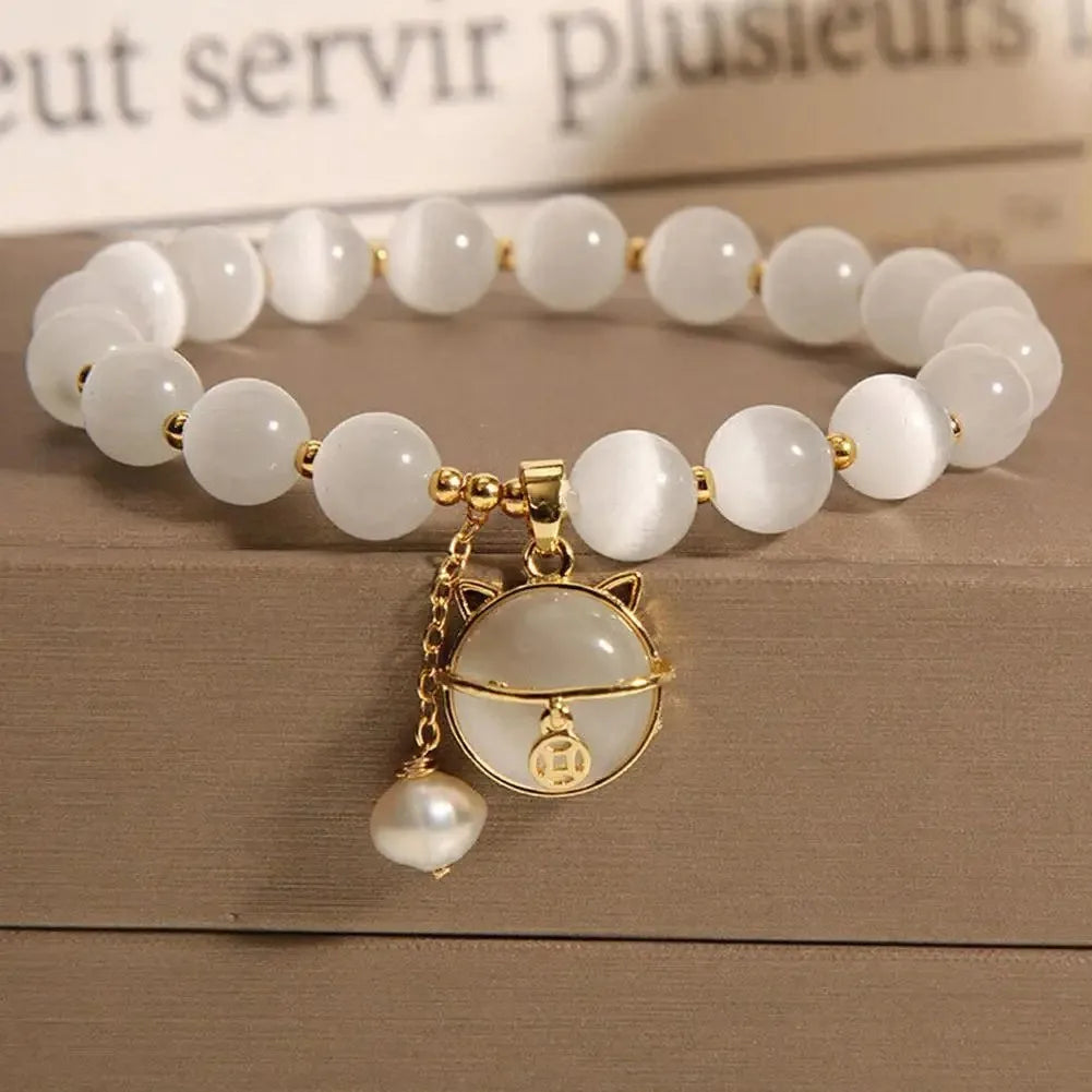 luckacco exquisite opal beaded bracelet for women elegant lucky cat pendant adjustable bracelets fashion friendship jewelry gifts