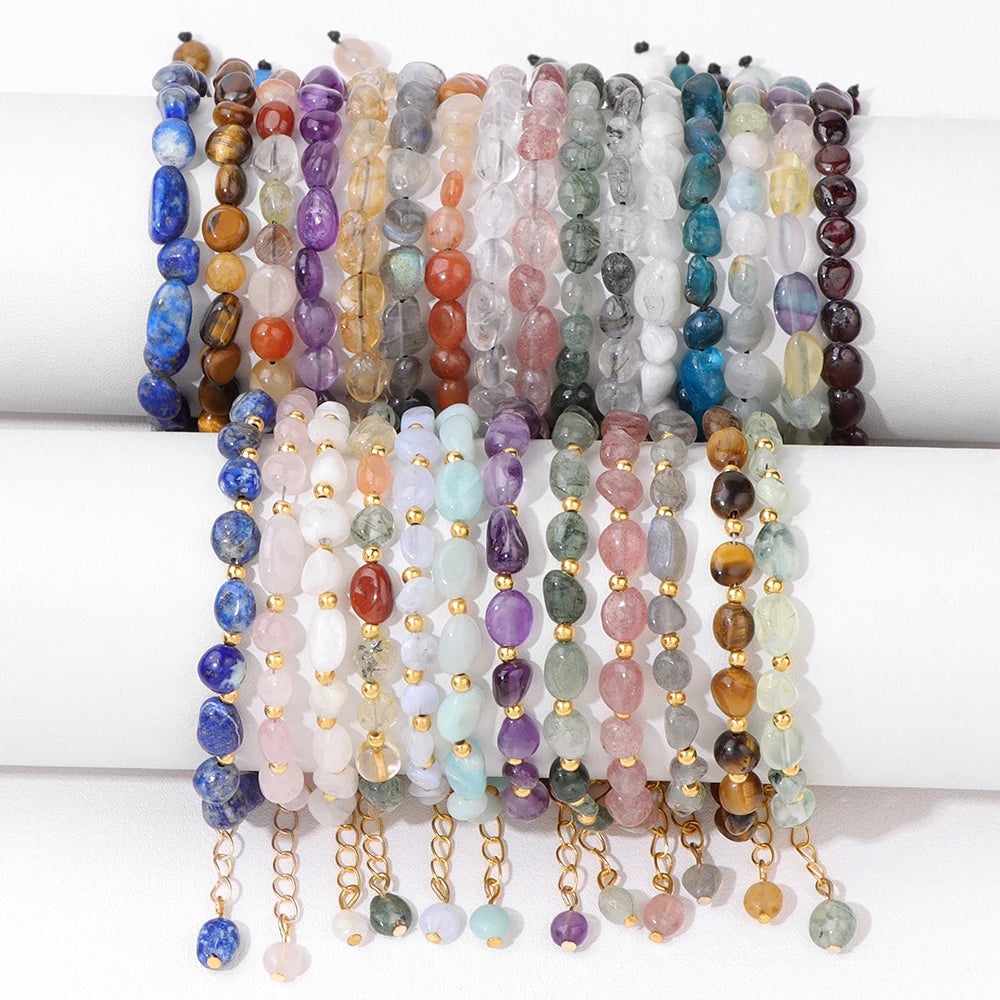 luckacco natural crystal gravel stone bracelets for women healing irregular amethysts lapis lazuli rose quartzs chain bracelet jewelry