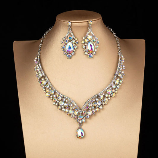 Luckacco Luxury Crystal AB Color Choker Necklace Earrings Set Rhinestone Bridal Jewelry Sets for Bride Wedding Party Costume Bijoux Femme