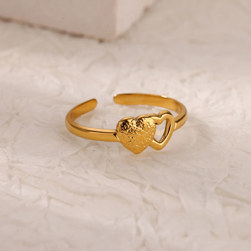 luckacco double heart rings for women gold color stainless steel open adjustable ring female fashion party wedding aesthetic jewelry gift