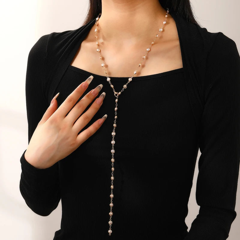 luckacco 2025 new french retro pearl long chain tassel necklace ladies gentle trend elegant holiday accessories y2k simple jewelry 80cm