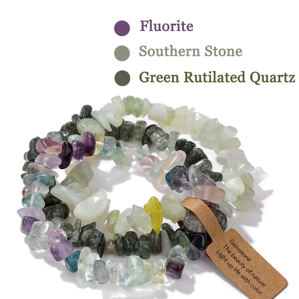 luckacco 3pcs natural chip stone bracelet set irregular fluorite quartzs stretch bracelet with tag healing jewelry gifts for women men