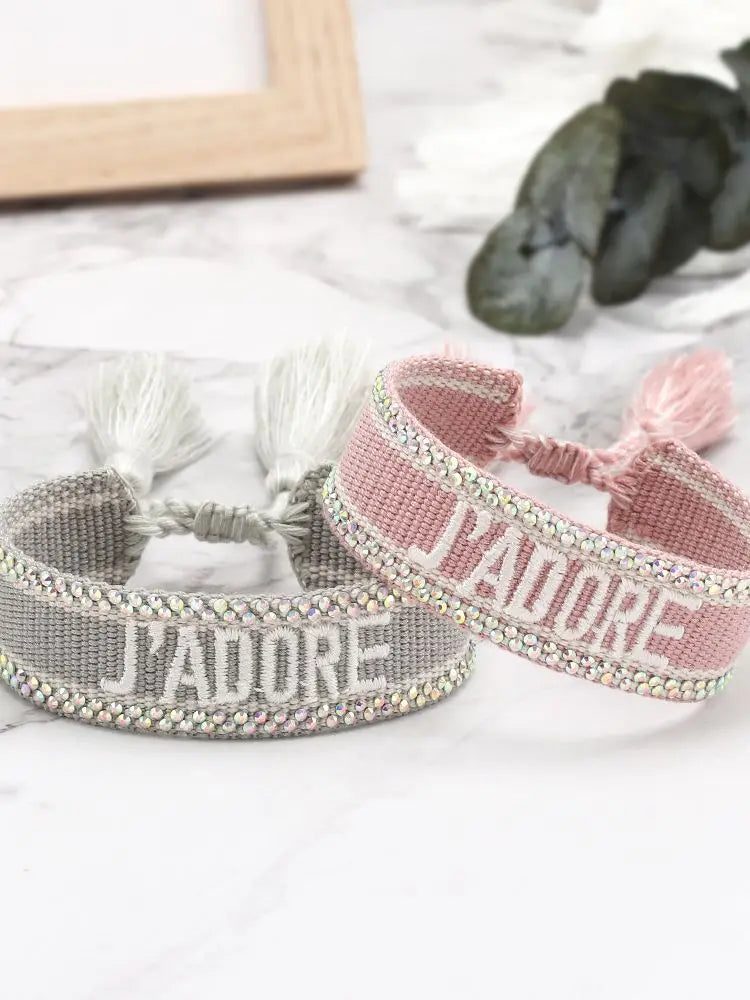 luckacco rhinestone embroidery woven bracelets adjustable rope stackable bangle for women
