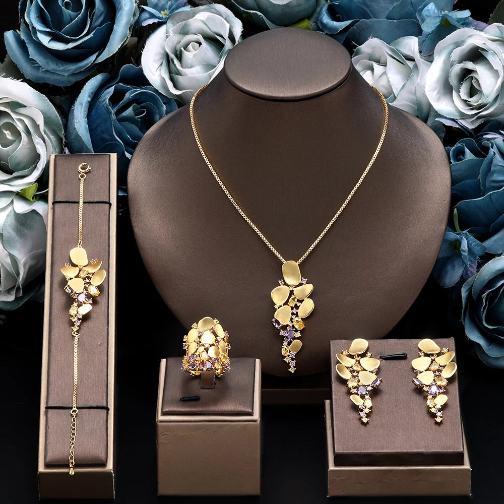 luckacco dubai saudi arabia trendy gold plated pendant 4pcs necklace set fashion women cubic zirconia jewelry sets bridal accessories