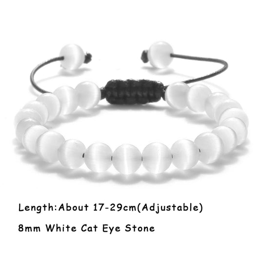 Luckacco Natural Cat Eye Stone Bracelet & Bangle for Women Brief White Pink Opal Beads Yoga Balance Jewelry Lucky Wristband Handmade Gift