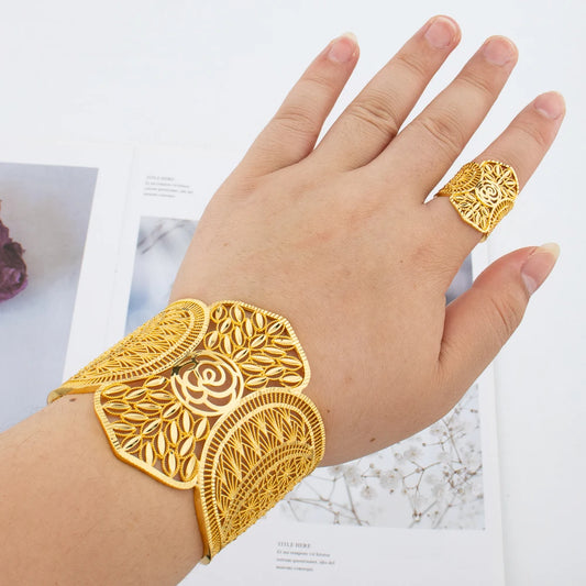 Luckacco Gold Plated Cuff Bracelet With Ring Female Dubai Gold Color Bangles For Women Luxury Dubai Anniversary Gift Jewelry Accessories