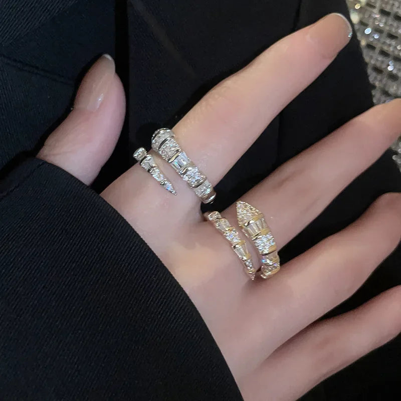 luckacco versatile fashion trendy snake shaped open rings for women high-end zircon stainless steel adjustable rings jewelry accessories