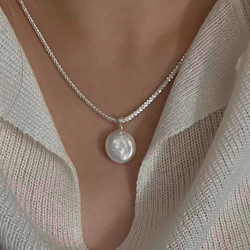 luckacco new trendy fashion 925 silver pearl simple elegant thin chain pendant necklace for women girl jewelry dropship