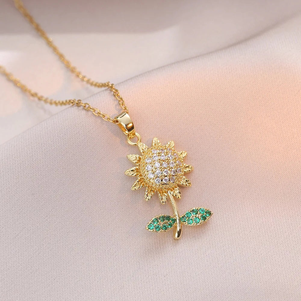 luckacco korea trendy crystal sunflower rotatable pendant necklace for women luxury silver color stainless steel zircon choker jewelry