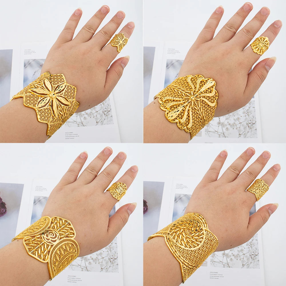 luckacco gold plated cuff bracelet with ring female dubai gold color bangles for women luxury dubai anniversary gift jewelry accessories