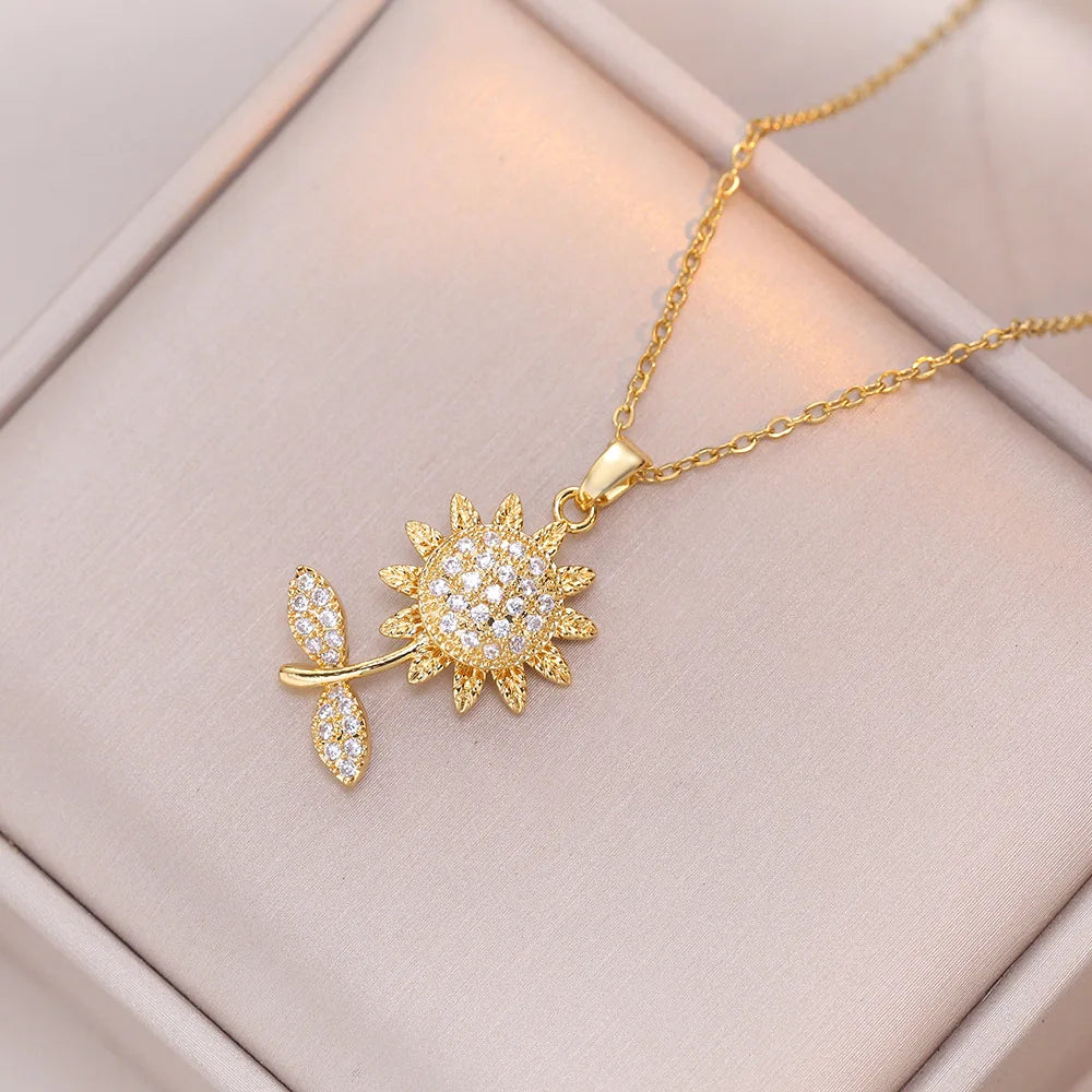 luckacco korea trendy crystal sunflower rotatable pendant necklace for women luxury silver color stainless steel zircon choker jewelry