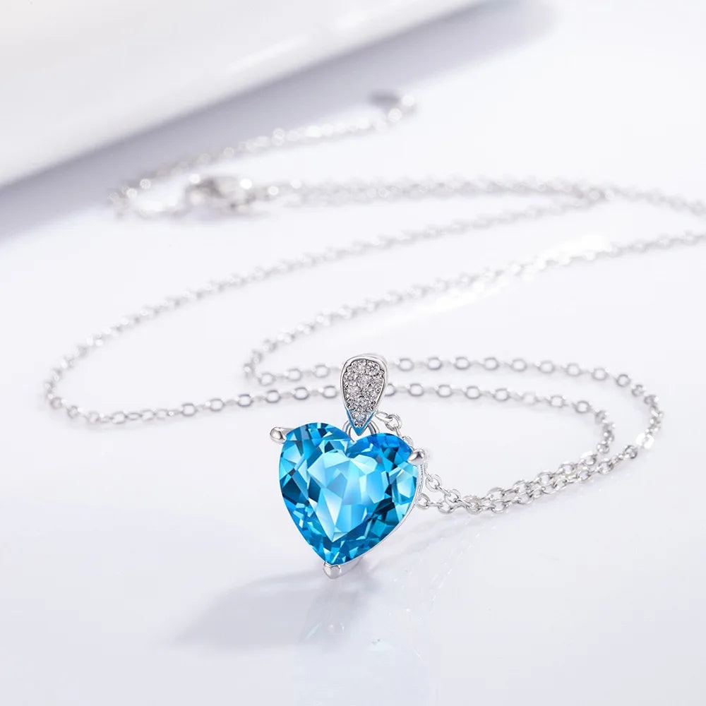 luckacco women's exquisite 925 sterling silver necklace with blue zircon crystal love heart pendant charm jewelry gift