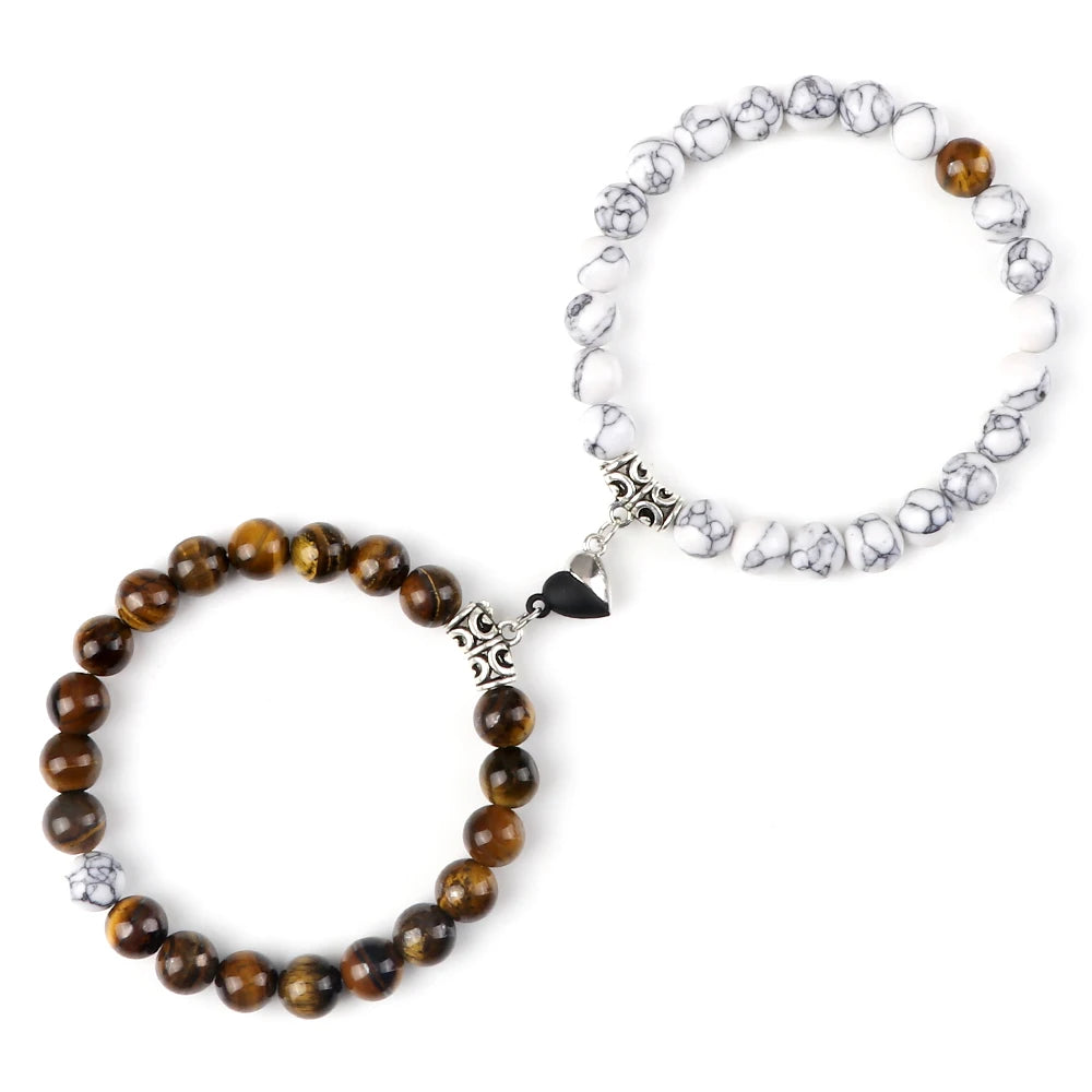 luckacco 2pcs/set natural stone beaded bracelet for lovers distance heart magnet buckle couple bracelets friendship fashion jewelry gifts