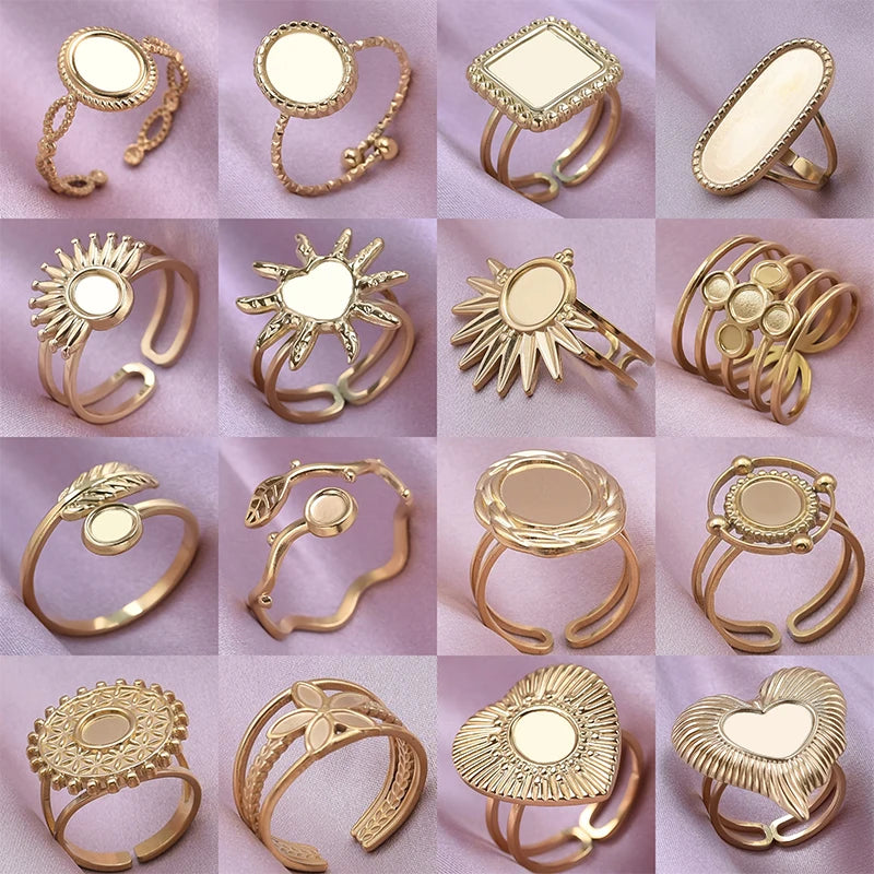luckacco oval square leaf heart sun base open adjustable ring diy rhinestone oil drop stainless steel rings for women men jewelry bagues