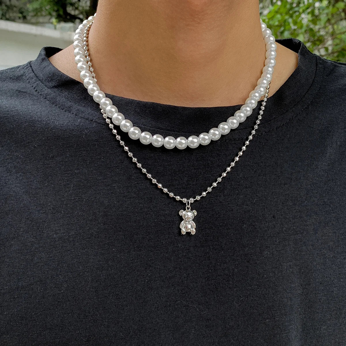 luckacco 2 women's european and american trendy double row large pearl necklaces for outdoor travel parties, holiday gifts -802057