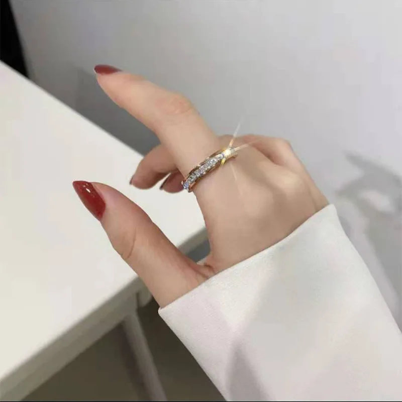 luckacco luxury rose gold color double row square zircon stainless steel ring for women romantic engageme wedding party jewelry female