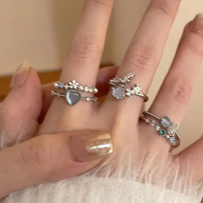 Luckacco New Y2K Crystal Rings Kpop Heart Adjustable Ring Irregular Geometry Punk Vintage Rings Set for Women Girls 2025 Fashion Jewelry