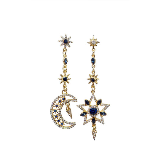 Luckacco Elegant Silver Color Asymmetric Star Moon Earrings Long Statement Tassel Sparkling Personalized Earrings Jewelry