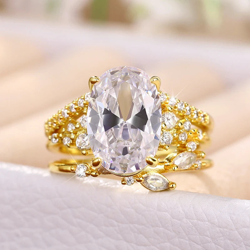 luckacco daily picks newest oval cubic zirconia 3pcs rings set luxury women accessories for engagement wedding party statement female jewelry