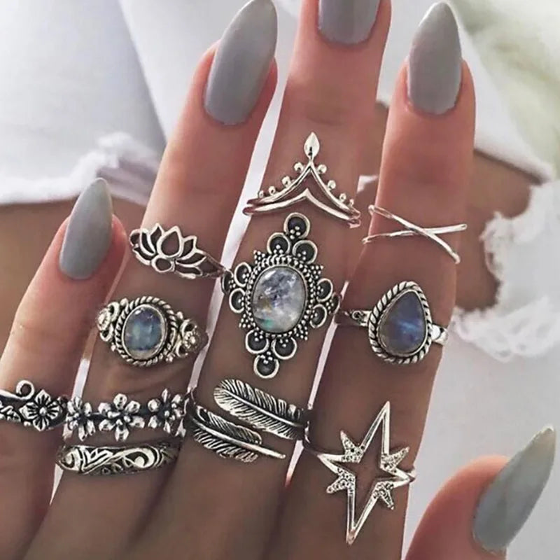 luckacco 11pcs/set bohemia vintage silver gothic aesthatic vintage carved feathers flowers leaves butterfly ring set for women