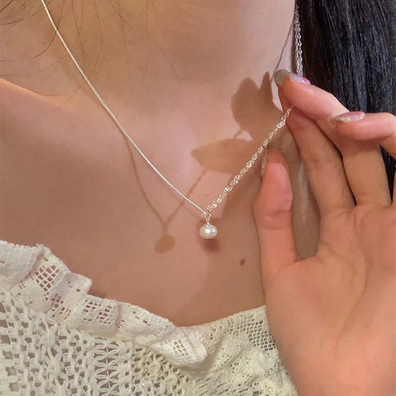 luckacco new trendy fashion 925 silver pearl simple elegant thin chain pendant necklace for women girl jewelry dropship
