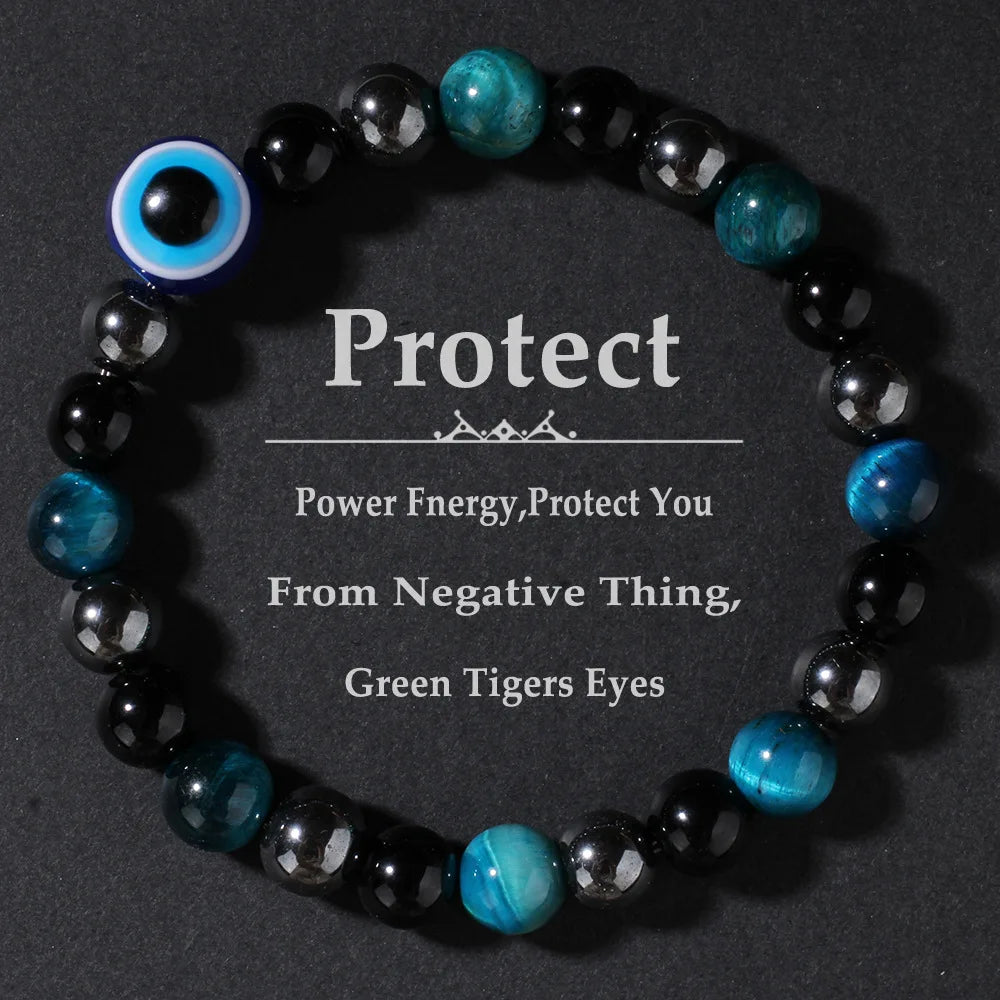 luckacco triple protection bracelet, blue tigers eye black bile obsidian evil eye beaded bracelet, handmade stretch beaded bracelets