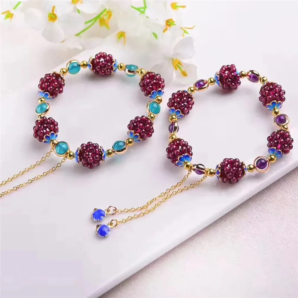 luckacco ethnic cute natural garnet strand bracelets multicolor hand-knitted pomegranate crystal charming bracelet fine jewelry for women