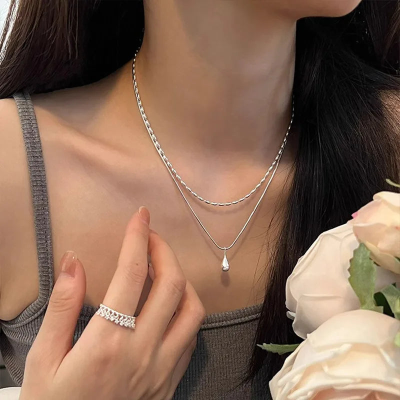 luckacco new 925 sterling silver double layer necklace exquisite geometric shape pendant choker birthday party gift women's fine jewelry