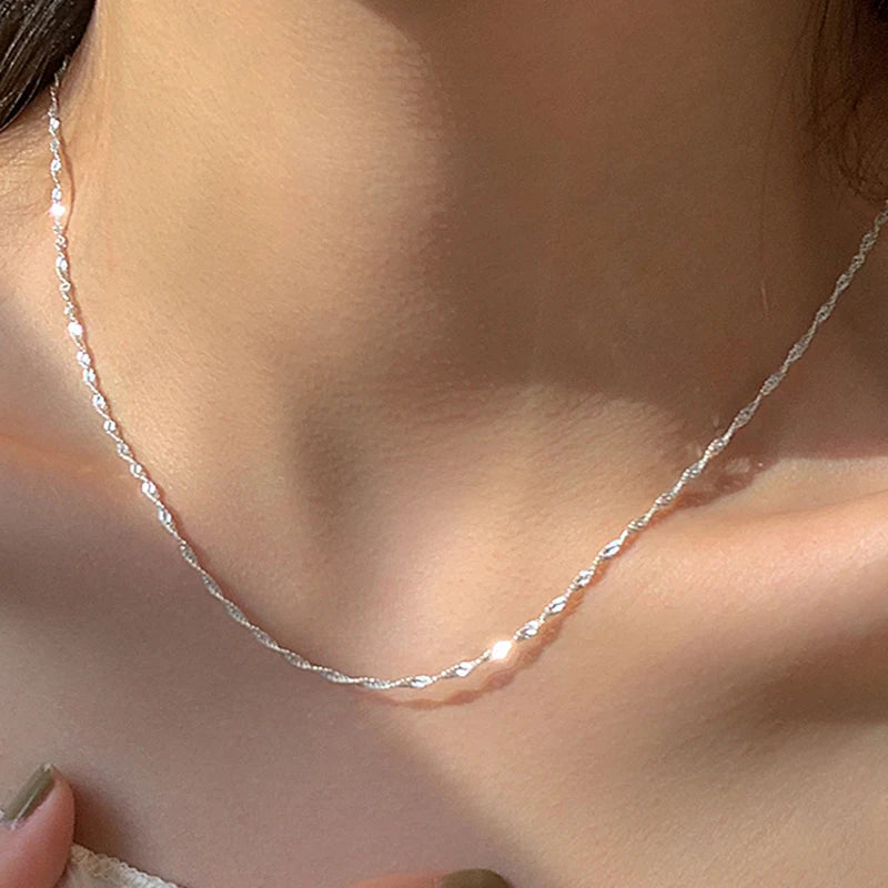 luckacco 50cm 925 sterling silver sparkling water wave chains necklace smooth choker simple women for girls wedding gift fine jewelry
