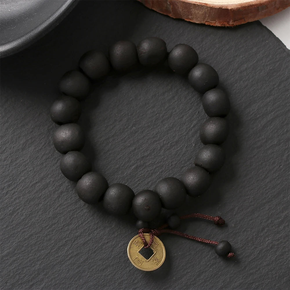 luckacco 1pc wood bead new buddha bracelet buddhist  bangle prayer beads copper coin women men lucky religion bracelets charm jewelry