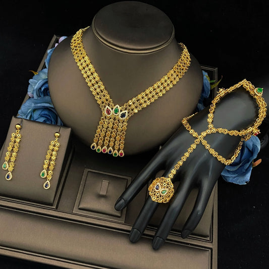 Luckacco JRH Gold Plated 4-Piece Jewelry Set for Women Africa Elegant Necklace Earrings Bracelet Ring Luxury Gift Set for Her