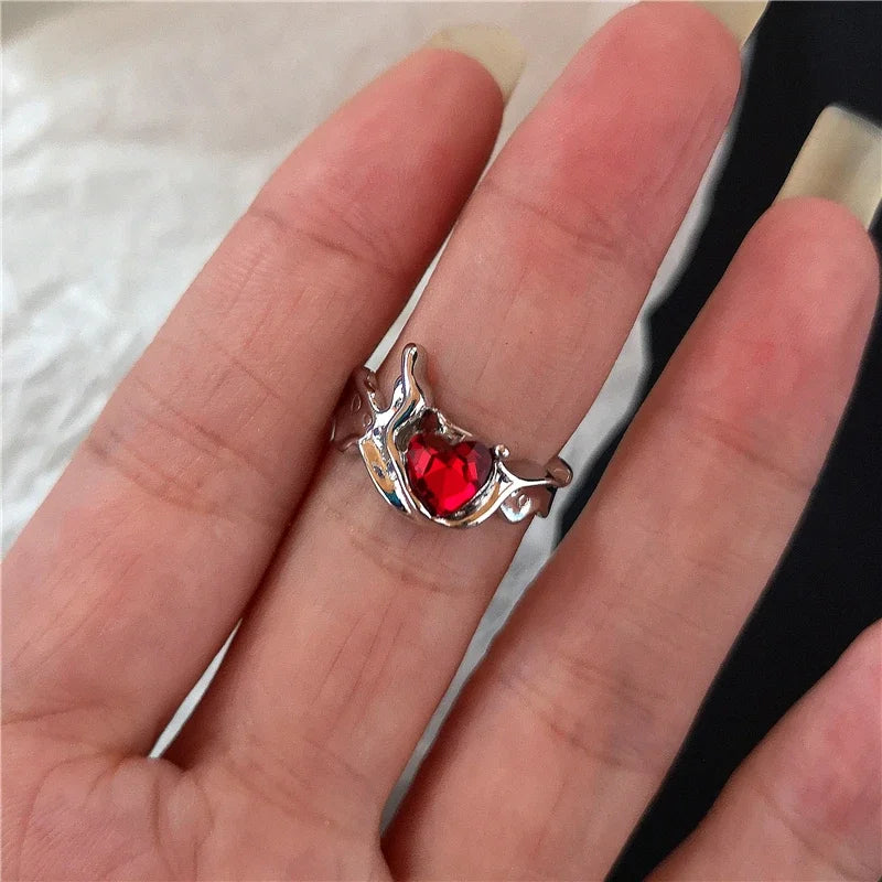 luckacco goth punk retro red crystal love heart cross geometry irregular open ring set y2k halloween accessories for women kpop jewelry