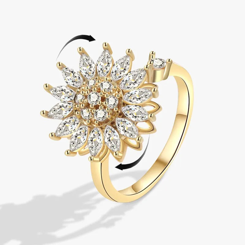 luckacco fashion fidget spinner ring anxiety for women multiple crystal sunflower finger rings rotate anti stress jewelry wedding gift