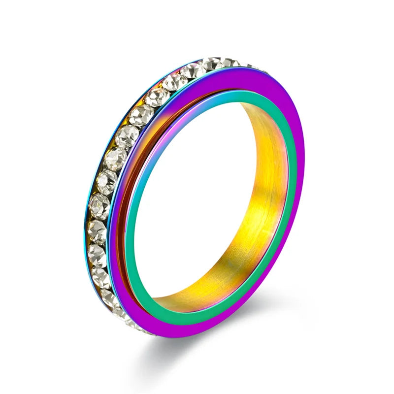 luckacco stainless steel cubic zirconia rotatable chain couple rings anti stress anxiety fidget spinner ring wedding band knuckle jewelry
