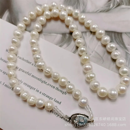 Luckacco 8-9mm Near Round White Natural Freshwater Pearl Necklace Red/Green Waterdrop Chalcedony Bracelet Earrings for Mother Jewelry Set